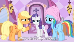 Size: 2208x1242 | Tagged: safe, edit, edited screencap, screencap, applejack, rainbow dash, rarity, earth pony, pegasus, pony, unicorn, g4, season 1, the best night ever, butt, caption, female, mare, out of context, plot, towel, we don't normally wear clothes