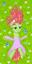 Size: 640x1248 | Tagged: safe, artist:viktor-tyt, tree hugger, butterfly, g4, female, grass, solo, spread out hair