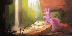 Size: 2650x1325 | Tagged: safe, artist:fuzzyfox11, berry punch, berryshine, g4, female, forest, river, solo, waterfall
