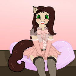 Size: 1100x1100 | Tagged: safe, artist:pony_prints<3, oc, oc only, anthro, belt, blushing, clothes, cute, female, long hair, pleated skirt, skirt, socks, solo, stockings, thigh highs, zettai ryouiki
