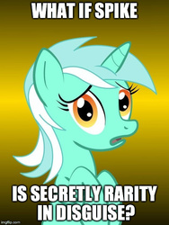 Size: 450x600 | Tagged: safe, lyra heartstrings, g4, conspiracy lyra, disguise, exploitable meme, implied rarity, implied spike, meme