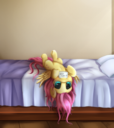 Size: 2550x2850 | Tagged: safe, artist:pridark, fluttershy, pegasus, pony, g4, bed, bedroom, behaving like a dog, belly, bellyrub request, bellyrubs, big eyes, bronybait, cute, daaaaaaaaaaaw, female, filly, flutterdog, high res, hnnng, holding sign, lying down, mare, messy mane, mouth hold, on back, pridark is trying to murder us, question, shyabetes, solo, upside down, weapons-grade cute