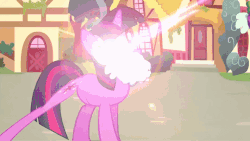 Size: 960x540 | Tagged: safe, artist:mlpfimguy, twilight sparkle, parasprite, g4, animated, animation error, explosion, eye beams, female, glowing eyes, gritted teeth, lens flare, not salmon, running, wat, wtf, youtube link