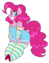 Size: 1280x1646 | Tagged: dead source, safe, artist:meb90, pinkie pie, earth pony, anthro, plantigrade anthro, g4, blushing, breasts, chubby, cleavage, clothes, evening gloves, fat, female, fingerless elbow gloves, fingerless gloves, gloves, long gloves, looking at you, simple background, smiling, socks, solo, striped socks, white background, wide hips