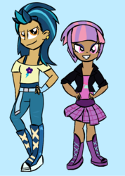 Size: 619x870 | Tagged: safe, artist:berrypunchrules, indigo zap, sunny flare, human, g4, my little pony equestria girls: friendship games, alternate clothes, boots, clothes, dark skin, female, humanized, shoes, skirt