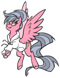 Size: 595x777 | Tagged: safe, artist:egophiliac, oc, oc only, oc:rosary tincture, pegasus, pony, glasses, long tail, ponytail, solo, spread wings, sweatshirt