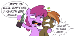 Size: 1975x975 | Tagged: safe, artist:php104, berry punch, berryshine, button mash, earth pony, pony, g4, alcohol, burp, colt, drunk, duo, female, foal, food, male, mare, rick and morty