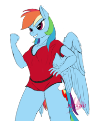 Size: 2370x3090 | Tagged: safe, artist:drake, rainbow dash, anthro, g4, clothes, female, hand on hip, high res, shirt, simple background, sketch, solo, sports outfit, sports shorts, transparent background, wings