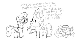 Size: 2048x1069 | Tagged: safe, artist:pepsi twist, diamond tiara, silver spoon, g4, black and white, dialogue, frown, grayscale, hoof hold, letter, looking at each other, monochrome, open mouth, paper, ren and stimpy, sad, simple background, white background, wide eyes