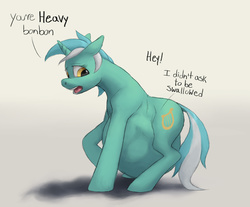 Size: 1400x1161 | Tagged: safe, artist:difetra, bon bon, lyra heartstrings, sweetie drops, pony, unicorn, g4, belly, dialogue, duo, female, fetish, lyrapred, mare, open mouth, same size vore, vore