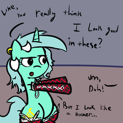 Size: 1050x1050 | Tagged: safe, artist:davierocket, lyra heartstrings, g4, clothes, dialogue, female, implied vinyl scratch, simple background, socks, solo, text, tumblr