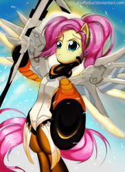 Size: 1636x2248 | Tagged: safe, artist:fluffydus, fluttershy, g4, armor, crossover, female, lending a hoof, mercy, mercyshy, overwatch, solo