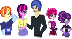 Size: 2085x1123 | Tagged: safe, artist:purfectprincessgirl, flash sentry, sci-twi, twilight sparkle, oc, oc:apollo, oc:flickerfly, oc:galatea, equestria girls, g4, beard, breasts, busty twilight sparkle, female, glasses, humanized, male, offspring, older, parent:flash sentry, parent:twilight sparkle, parents:flashlight, ship:flashlight, shipping, straight