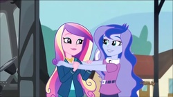 Size: 1366x768 | Tagged: safe, screencap, dean cadance, princess cadance, princess luna, vice principal luna, equestria girls, g4, my little pony equestria girls: friendship games, discovery family logo, eye contact, grin, smiling