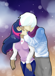 Size: 720x992 | Tagged: safe, artist:h0mi3, double diamond, twilight sparkle, human, g4, blushing, clothes, crack shipping, cute, dark skin, diamondlight, female, humanized, kissing, male, scarf, shipping, shoujo bubbles, straight