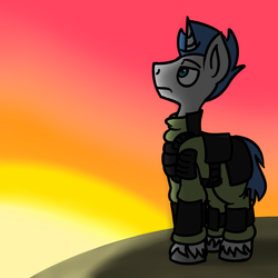 Size: 1280x1280 | Tagged: safe, artist:coatieyay, oc, oc only, pony, unicorn, armor, body armor, soldier, solo, sunset, unshorn fetlocks