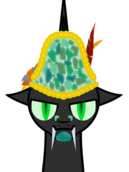 Size: 1200x1600 | Tagged: safe, artist:thehuskylord, oc, oc only, changeling, aztec, bust, crown, emperor, fangs, headdress, jade, montezuma, quadrupedal, solo