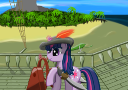 Size: 2480x1754 | Tagged: safe, artist:mew-drops, twilight sparkle, pony, unicorn, g4, cannon, female, hat, helm, hilarious in hindsight, island, pirate, ship, solo, sword, unicorn twilight, weapon