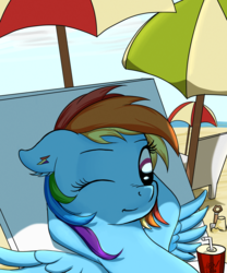 Size: 2100x2520 | Tagged: safe, artist:php80, rainbow dash, g4, armpits, beach, drink, female, floppy ears, high res, lying down, on back, one eye closed, piercing, smiling, solo, spread wings, umbrella, wink