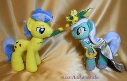 Size: 1132x720 | Tagged: safe, artist:1stastrastudio, lyra heartstrings, oc, oc:morning dew, earth pony, pony, unicorn, fanfic:background pony, g4, clothes, dress, floral head wreath, flower, irl, lyre, musical instrument, photo, plushie, tulip