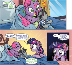 Size: 635x576 | Tagged: safe, artist:brenda hickey, edit, idw, smarty pants, spike, twilight sparkle, g4, spoiler:comic40, baby spike, comic, crying, dovahzul, skyrim, text edit, the elder scrolls