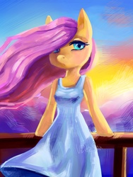 Size: 960x1280 | Tagged: safe, artist:vidersan, fluttershy, pegasus, anthro, g4, arm hooves, clothes, dress, female, mare, solo, sunset, windswept mane