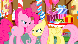 Size: 1286x724 | Tagged: safe, screencap, fluttershy, pinkie pie, pony, g4, griffon the brush off, angry, animated, annoyed, female, frown, glare, head pat, lidded eyes, open mouth, petting, smiling, sugarcube corner (interior), talking, unamused