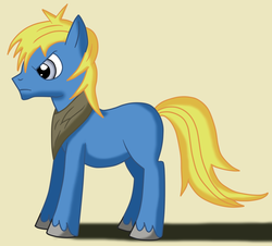 Size: 1547x1396 | Tagged: safe, artist:maleiva, rio azul, earth pony, pony, g1, g4, angry, clothes, frown, g1 to g4, generation leap, male, narrowed eyes, paint tool sai, remastered, scarf, shadow, simple background, solo, stallion, unshorn fetlocks, yellow background