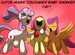 Size: 1024x753 | Tagged: safe, artist:cosmonaut, apple bloom, scootaloo, sweetie belle, earth pony, pegasus, pony, unicorn, g4, baby shower, belly, cutie mark, cutie mark crusaders, cutie mom crusaders, dialogue, hyper, hyper pregnancy, older, older apple bloom, older scootaloo, older sweetie belle, pregbloom, preggy belle, pregnant, pregnant apple bloom, pregnant scootaloo, pregnant sweetie belle, talking, talking to viewer, the cmc's cutie marks