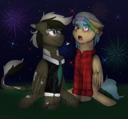 Size: 927x862 | Tagged: safe, artist:thelondonjamjar, oc, oc only, oc:ink, oc:quill, blushing, clothes, fireworks, night