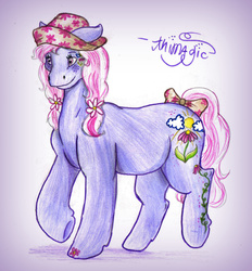 Size: 1283x1380 | Tagged: safe, artist:animagicworld, yesterdaisy, g3, bow, female, hat, solo, tail bow, traditional art