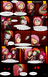 Size: 1024x1638 | Tagged: safe, artist:fj-c, fluttershy, pinkie pie, rainbow dash, equestria girls, g4, belly button, clothes, comic, dialogue, fantasy equestria, midriff, scar