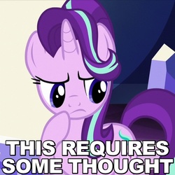 Size: 500x500 | Tagged: safe, edit, edited screencap, screencap, starlight glimmer, g4, the crystalling, caption, female, image macro, looking down, meme, raised hoof, reaction image, solo, thinking