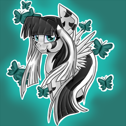 Size: 4000x4000 | Tagged: safe, artist:partypievt, oc, oc only, oc:laura the zony, butterfly, pegasus, pony, female, gradient background, solo, speedpaint