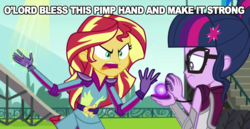 Size: 2088x1075 | Tagged: safe, screencap, sci-twi, sunset shimmer, twilight sparkle, equestria girls, g4, my little pony equestria girls: friendship games, female, pimp hand, text