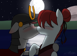 Size: 1280x938 | Tagged: safe, artist:estrill, oc, oc only, female, japan, kissing, lake, male, moon, ponified, samurai, straight