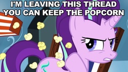 Size: 800x450 | Tagged: safe, screencap, starlight glimmer, g4, the crystalling, abandon thread, angry, caption, female, food, image macro, looking back, meme, popcorn, reaction image, solo, thread, throwing