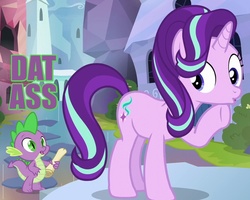 Size: 750x600 | Tagged: safe, edit, edited screencap, screencap, spike, starlight glimmer, dragon, pony, unicorn, g4, the crystalling, caption, dat ass, duckface, female, image macro, male, meme, open mouth, raised hoof, scroll, ship:sparlight, shipping, stare, straight, the ass was fat