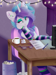 Size: 1024x1365 | Tagged: safe, artist:pvrii, oc, oc only, oc:rave point, anthro, computer, glasses, sheet music, solo