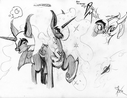 Size: 3285x2549 | Tagged: safe, artist:marvelousqueen, nightmare moon, bat pony, pony, g4, fanfic art, high res, monochrome