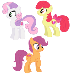 Size: 7600x7900 | Tagged: safe, artist:emera33, apple bloom, scootaloo, sweetie belle, earth pony, pegasus, pony, unicorn, crusaders of the lost mark, g4, absurd resolution, backwards cutie mark, cutie mark, cutie mark crusaders, female, folded wings, mare, older, raised hoof, simple background, tail bow, the cmc's cutie marks, transparent background, trio, wings