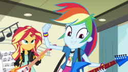 Size: 1280x720 | Tagged: safe, screencap, rainbow dash, sunset shimmer, equestria girls, g4, my little pony equestria girls: friendship games, female, guitar, lidded eyes