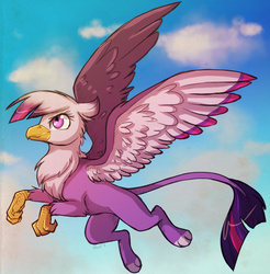 Size: 1083x1100 | Tagged: safe, artist:howlingvoice, twilight sparkle, griffon, g4, fanfic art, female, flying, griffonized, my little griffon, solo, species swap, twilight sparkle (alicorn)