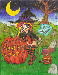 Size: 1700x2189 | Tagged: safe, artist:artponymdp, sunset shimmer, equestria girls, g4, book, clothes, female, food, gravestone, hat, jack-o-lantern, leotard, magic, nightmare night, scepter, socks, solo, striped socks, thigh highs, traditional art, twilight scepter, witch hat