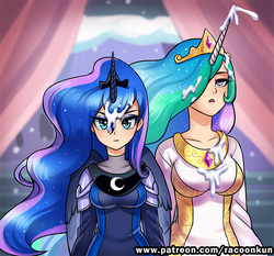 Size: 600x560 | Tagged: safe, artist:racoonsan, princess celestia, princess luna, human, g4, the crystalling, armor, clothes, female, hair over one eye, horn, horned humanization, humanized, not cum, not what it looks like, open mouth, out of context, patreon, royal sisters, scene interpretation, snow, snowfall, winged humanization