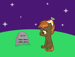 Size: 1274x980 | Tagged: safe, artist:purpleloverpony, button mash, g4, colt, drama for another series, foal, grass, gravestone, hat, implied death, male, night, paper mario, paper mario: sticker star, paper mario: the thousand year door, propeller hat, rest in peace, sad, sitting, super mario bros., super paper mario