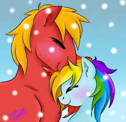 Size: 958x933 | Tagged: safe, artist:tomcolt15, big macintosh, rainbow dash, earth pony, pony, g4, cuddling, eyes closed, male, ship:rainbowmac, shipping, snow, snowfall, snuggling, stallion, straight