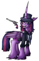 Size: 615x960 | Tagged: safe, artist:captainofhopes, twilight sparkle, alicorn, pony, g4, clothes, female, gun, hat, horn, long horn, mare, solo, twilight sparkle (alicorn), weapon