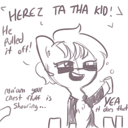 Size: 792x792 | Tagged: safe, artist:tjpones, oc, oc only, oc:holly wood, pony, chest fluff, clothes, drunk, grayscale, lewd, monochrome, offscreen character, simple background, suit, sunglasses, talent agent, white background