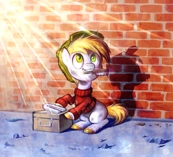 Size: 1200x1090 | Tagged: safe, artist:stasysolitude, earth pony, pony, clothes, colt, crepuscular rays, hat, male, mouth hold, ponified, scrooge mcduck, solo, sweater, the life and times of scrooge mcduck, unshorn fetlocks